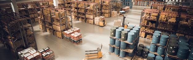 Foto interior de un gran almacén con material almacenado y medios para mover las paletas.