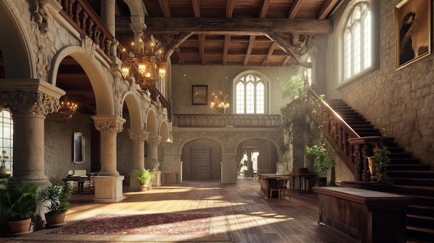 El interior del gran castillo bañado en la luz del sol con lámparas de alumbrado ornamentadas una majestuosa escalera y una vegetación floreciente que irradia elegancia histórica