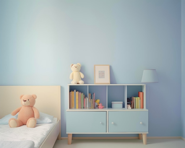 Foto interior de la guardería juguetes de cama marco fotográfico telón de fondo dormitorio azul para niños salón de juegos para niños