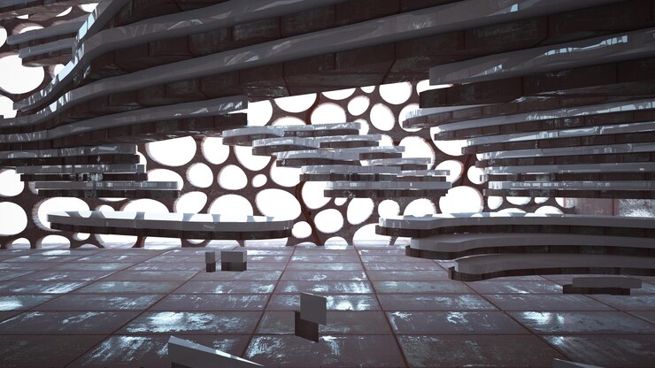 Foto interior de la habitación abstracta lisa vacía de láminas de metal oxidado fondo arquitectónico 3d