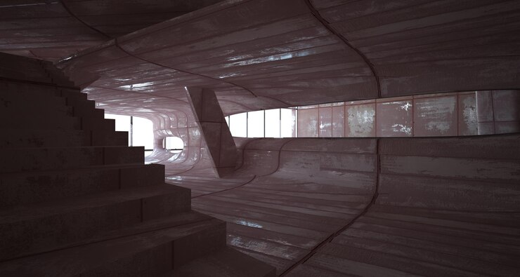 Foto interior de la habitación abstracta lisa vacía de láminas de metal oxidado fondo arquitectónico 3d