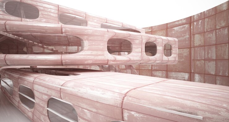 Foto interior de la habitación abstracta lisa vacía de láminas de metal oxidado fondo arquitectónico 3d