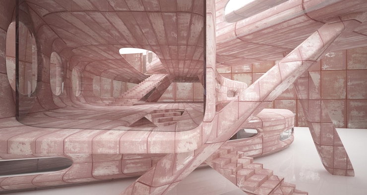 Foto interior de la habitación abstracta lisa vacía de láminas de metal oxidado fondo arquitectónico 3d