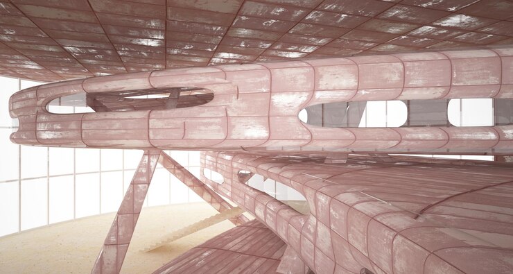 Foto interior de la habitación abstracta lisa vacía de láminas de metal oxidado fondo arquitectónico 3d