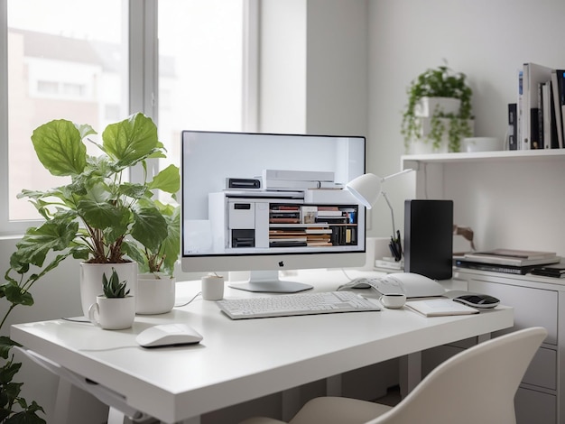 Interior de la habitación con asiento de escritorio y computadora en la mesa