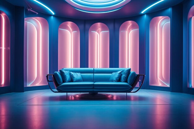 interior de la habitación azul abstracto con lámparas de neón azul fondo de arquitectura futurista