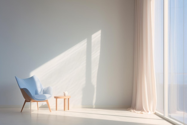 Interior de una habitación blanca con sillón azul y una pequeña mesa cerca de cortinas claras Ai generativo