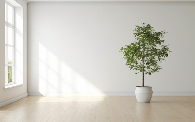 Interior de habitación blanca vacía con olla de plantas en un piso de madera