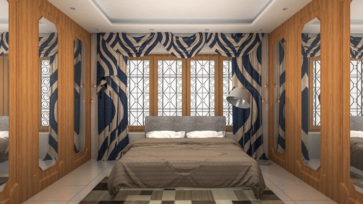 Interior de la habitación de la cama de estilo moderno y de lujo. Render 3d