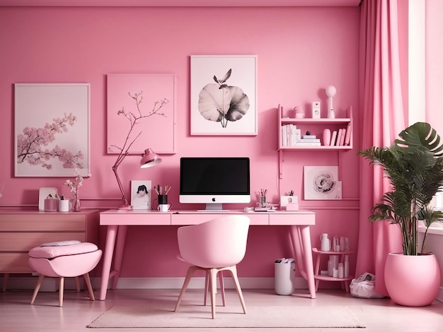 Interior de la habitación en color rosa monocromático con escritorio y accesorios de habitación
