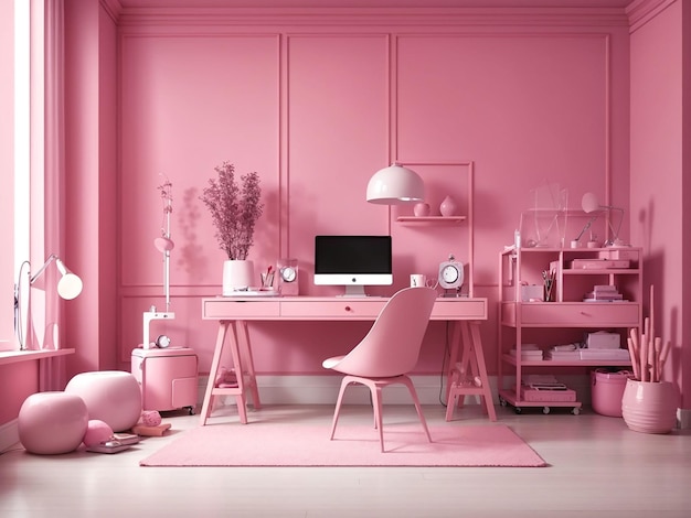 Interior de la habitación en color rosa monocromático con escritorio y accesorios de habitación