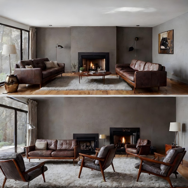 Interior de la habitación con diferentes ángulos e iluminación de muebles.