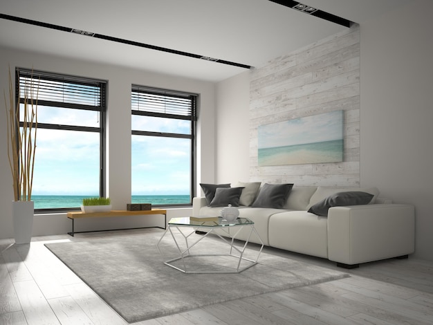 Interior de la habitación de diseño moderno con renderizado 3D con vista al mar