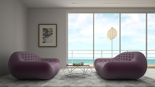 Interior de la habitación de diseño moderno con renderizado 3D con vista al mar