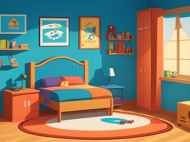 Interior de la habitación, dormitorio, sala de estar de dibujos animados, dormitorio para niños con muebles, habitación para adolescentes con una cama