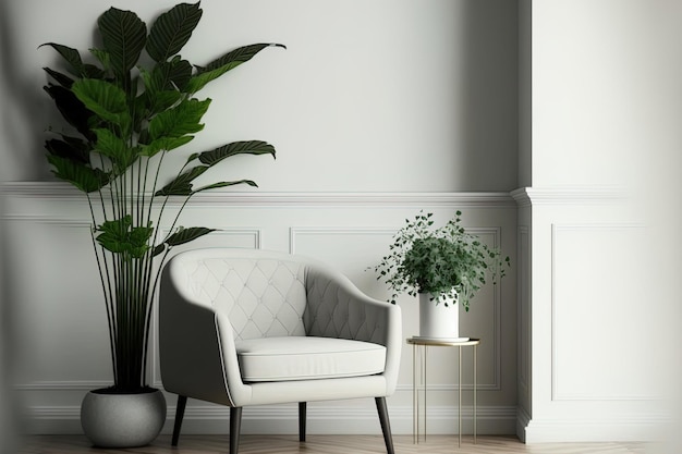 Interior de habitación elegante con silla acogedora y planta cerca de pared blanca Espacio para texto