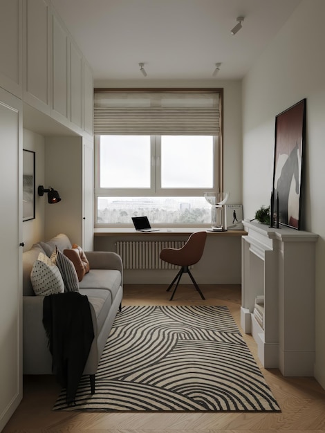 interior de la habitación con escritorio y sofá blanco