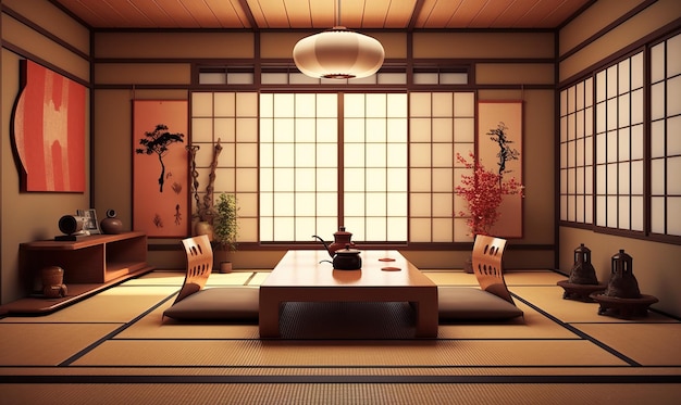 El interior de la habitación de estilo japonés vintage creado utilizando herramientas de IA generativas