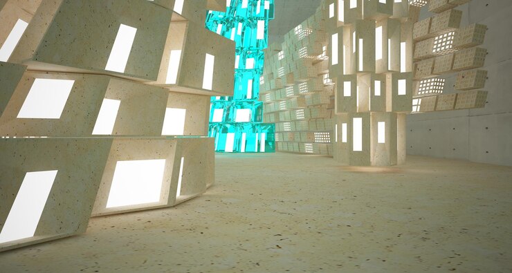 Foto interior de habitación de hormigón abstracto oscuro vacío fondo arquitectónico vista nocturna de los iluminados