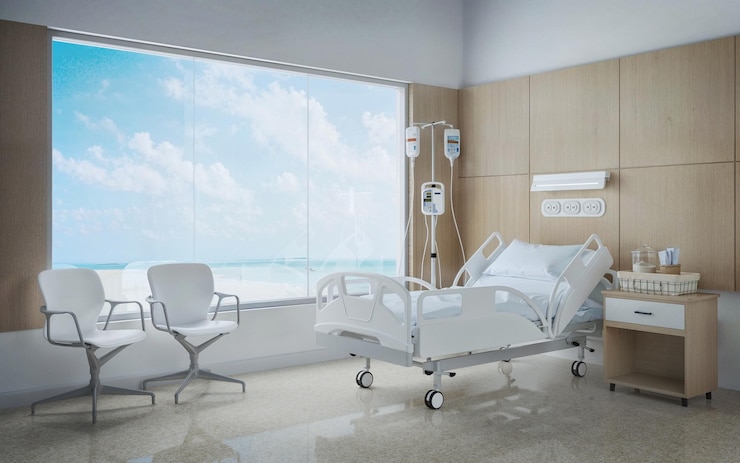 Interior de la habitación del hospital con vista al mar renderización en 3D