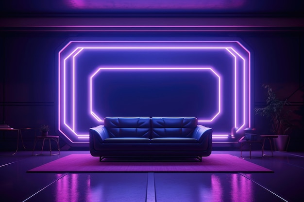 El interior de la habitación con iluminación violeta neón Sofá en una habitación con un interior minimalista