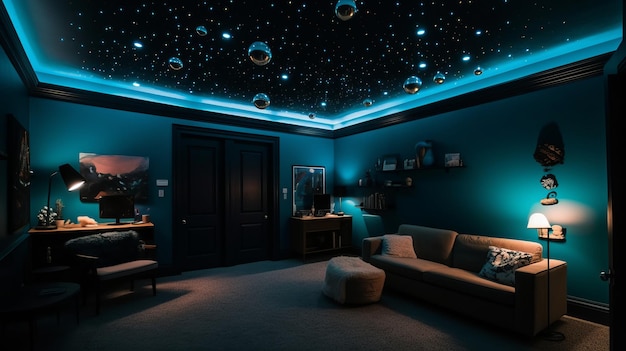 Interior de una habitación infantil con temática espacial con estrellas que  brillan en la oscuridad y decoración de planetas generada por ia