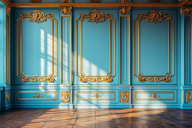 Interior de habitación de lujo con decoración de moldura dorada y pared azul en estilo vintage