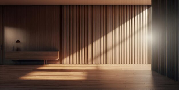Interior de habitación lujosa con decoración minimalista y paneles de madera.