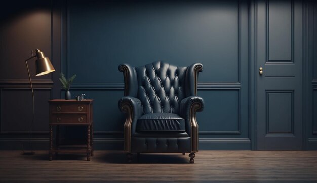 Interior de una habitación luminosa con sillón de cuero en una pared azul oscuro vacía y suelo de madera AI generativa