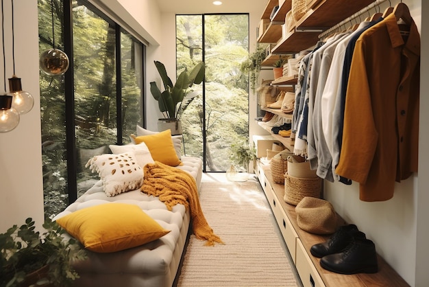 Interior de una habitación moderna con un elegante armario, un cómodo sofá y almohadas.