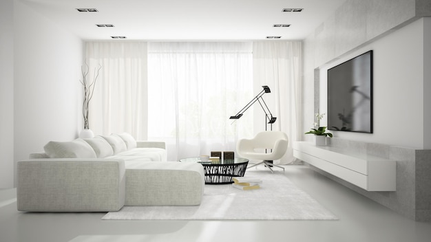 Interior de una habitación moderna y elegante con renderizado 3D de sofá blanco