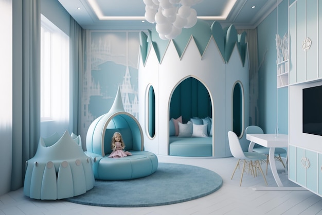 Interior de la habitación moderna de los niños con muebles elegantes y juguetes Habitación de juegos para niños Habitación de cama para niños Cabaña de juegos tienda y juguetes