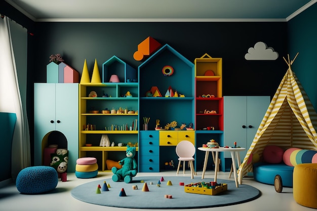 Interior de la habitación moderna de los niños con muebles elegantes y juguetes Habitación de juegos para niños Habitación de cama para niños Cabaña de juegos tienda y juguetes