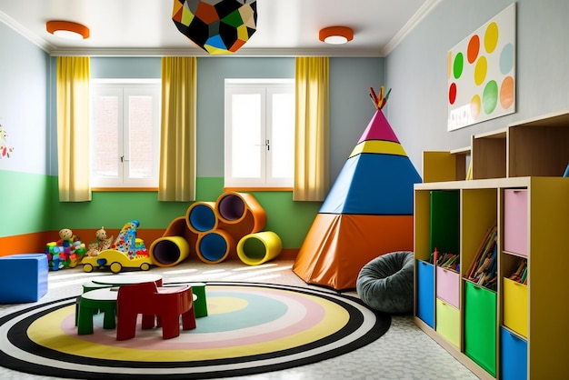 Interior de una habitación moderna para niños con muebles elegantes y juguetes Sala de juegos para niños Habitación para niños