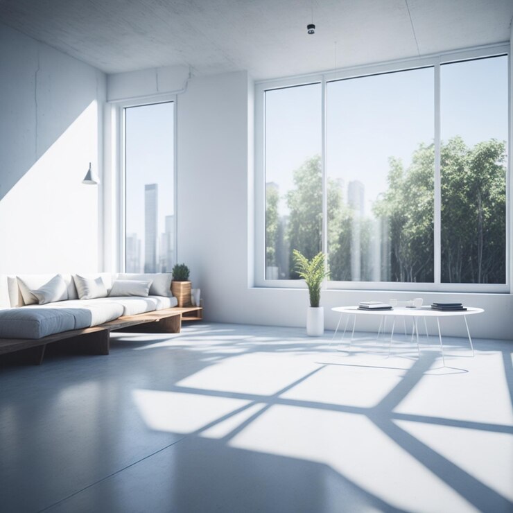 Interior de una habitación moderna vacía con paredes blancas piso de hormigón mesa de café de madera y ventana