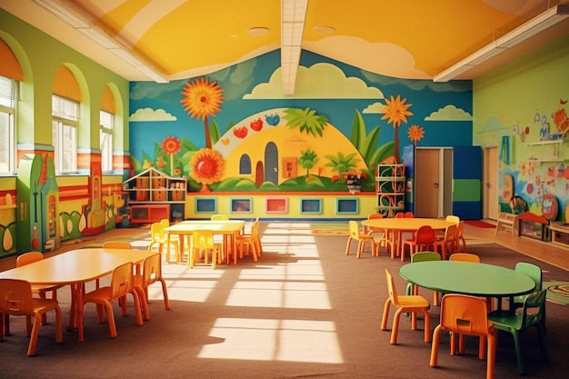 el interior de la habitación con el mural pintado en la pared.