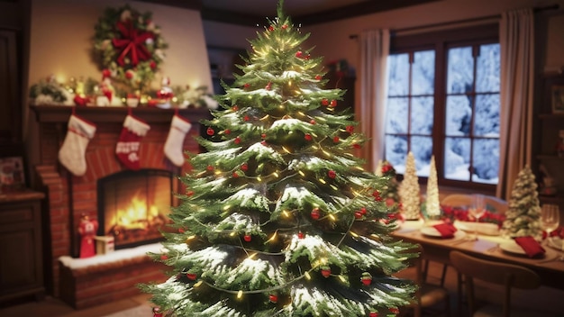 Interior de la habitación Navidad vacaciones árbol de abeto fondo ilustración 3D renderización