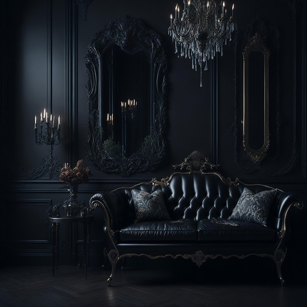 El interior de la habitación negra con un sofá vintage, un espejo candelabro y una chimenea decorada con flores