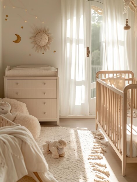 El interior de la habitación de la niñera de los niños acogedora iluminada por el sol