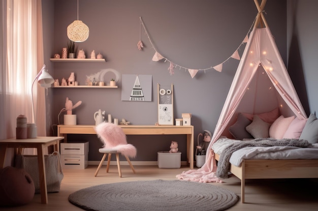 Interior de habitación de niño de ensueño y moderno con tonos suaves de teepee y elementos de decoración elegantes