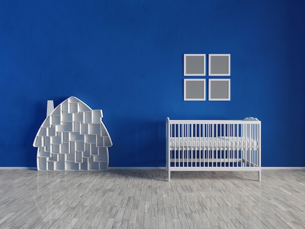 El interior de la habitación de los niños es azul. muebles y juguetes blancos. pocos muebles y artículos.