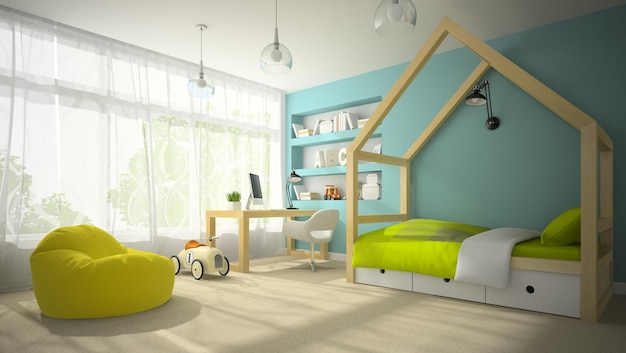 Interior de la habitación de los niños con renderizado 3D de coche de juguete 3