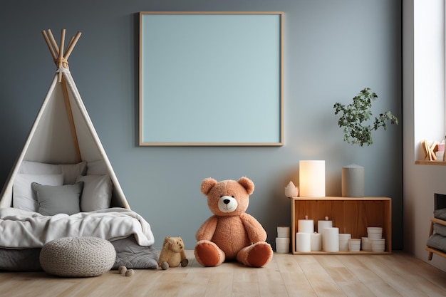 Interior de la habitación de los niños con teepee y oso de peluche