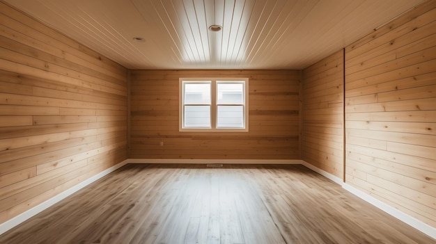 Interior de una habitación con paredes de madera y piso de madera.