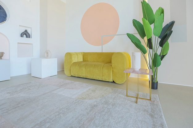 Interior de la habitación de planta abierta moderna en estilo futurista en colores pastel con decoración gráfica de la pared. techos muy altos y un ventanal enorme. muebles suaves y elegantes con elementos metálicos dorados