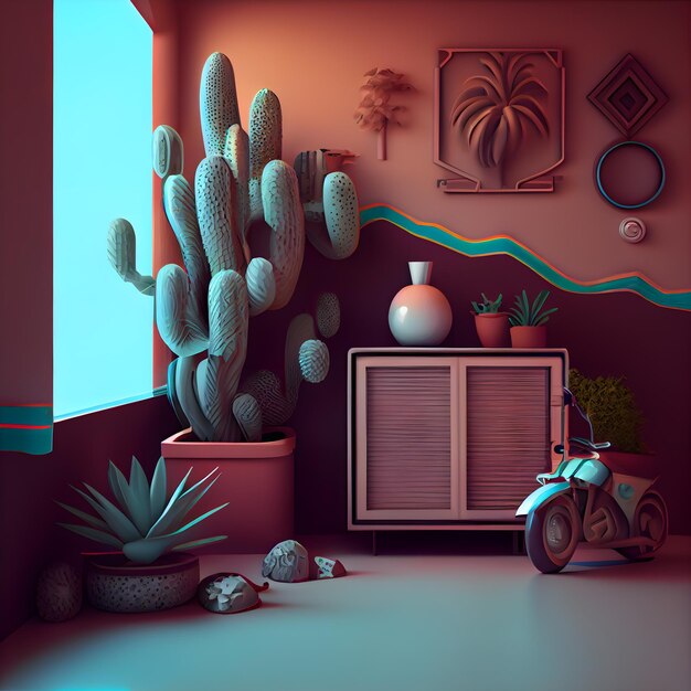 Foto interior de la habitación con renderizado 3d de cactus