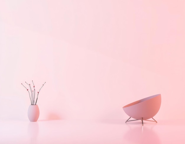 Interior de habitación rosa minimalista con un jarrón y una silla