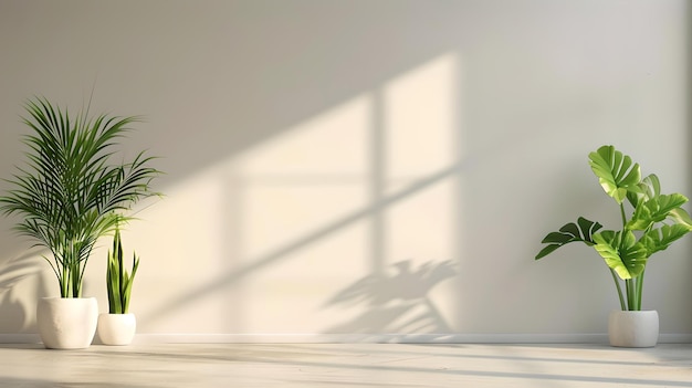 Interior de habitación soleada con plantas en maceta frescas que proyectan sombras suaves en una pared blanca diseño minimalista y moderno ideal para una decoración doméstica pacífica AI