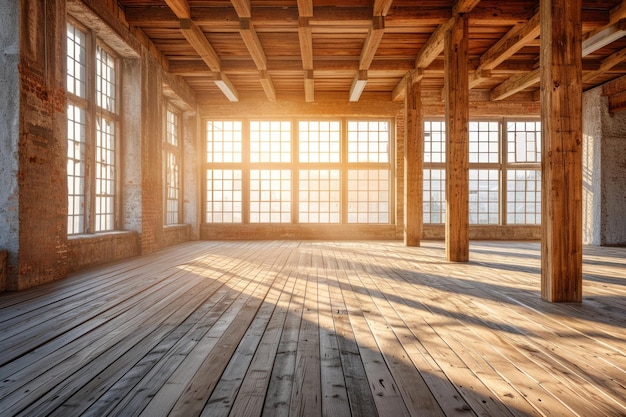 Interior de una habitación vacía con grandes ventanas y suelo de madera