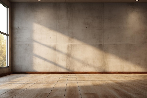 Foto interior de habitación vacía con paredes de hormigón suelo de madera con luz de la ventana generativo ai